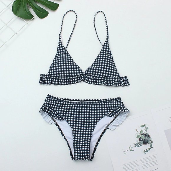 LAST CALL!🖤Black Plaid🖤 Ruffled 2-Piece Bikini - Picture 5 of 11